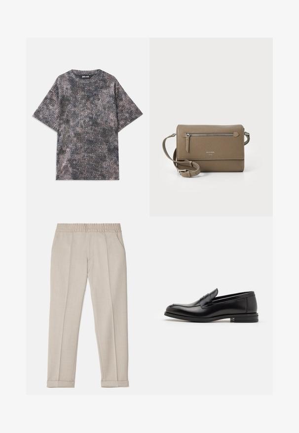Sivý tričko s krátkym rukávom s textúrovanou látkou a celoplošným čiernym potlačou, so švédnym logom viditeľným pri výstrihu.; Filippa K TERRY CROPPED TROUSERS - Nohavice - sage melange; Čierne kožené mokasíny s hladkou textúrou, zaoblenou špičkou a dekoračným pásikom cez priehlavok. Nízky vrstvený opätok, minimalistický dizajn.; Taupe kožená crossbody taška so zipsovým predným vreckom, nastaviteľným popruhom, textúrou z granitového kameňa a embosovaným logom na prednej strane.