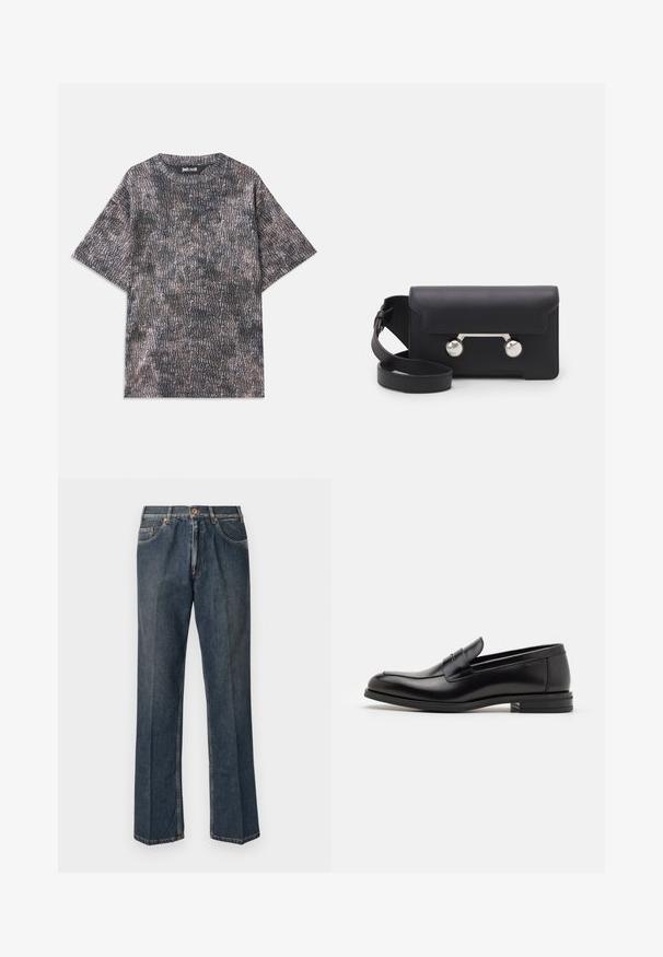 T-shirt cinza de manga curta com um tecido texturizado e uma estampa preta por toda a peça, com o nome da marca visível junto ao decote.; Jeans de ganga de perna reta azul escuro com botão à frente, fecho de correr, dois bolsos frontais e vinco vertical visível ao longo das pernas.; Mocassins de couro preto com uma textura suave, bico arredondado e uma faixa decorativa sobre o peito do pé. Salto baixo e empilhado, design minimalista.; Saco transversal em pele preta com fecho de aba, ferragens em tom prateado e dois acentos redondos. Apresenta uma alça destacável. Textura suave.