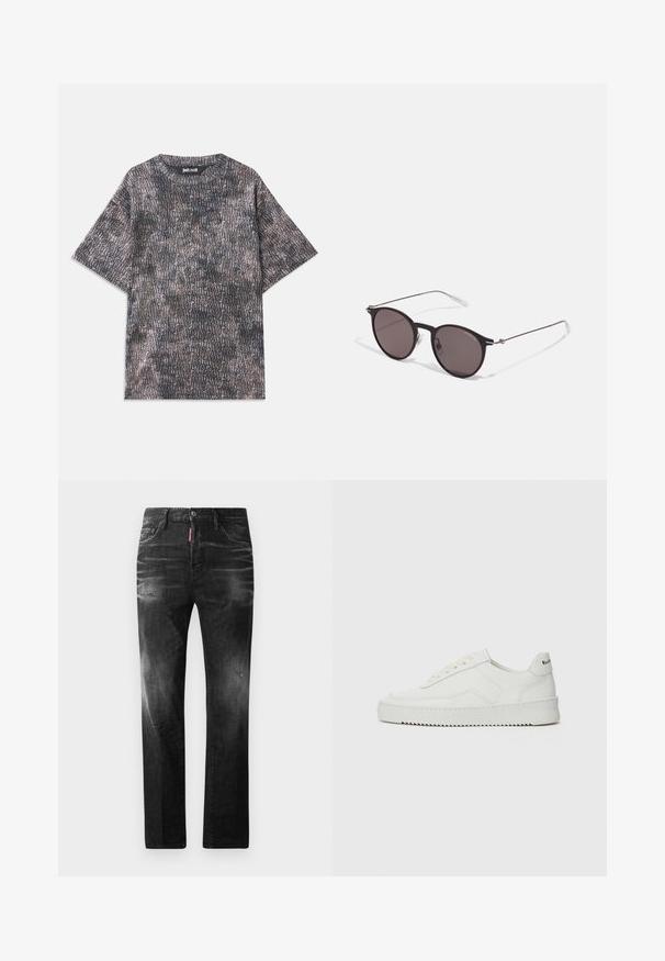 Hallide halladega lühikeste varrukatega hall T-särk, millel on tekstuuriga kangas ja üle kogu must trükk, brändi nimi on nähtav kaeluse lähedal.; Mustad denim püksid otse lõikega. Omavad kulunud piirkondi, väikseid kahjustusi, klassikalist viit taskut ning nööpkinnitust.; Valge nahast tennis, millel on sile põhi, ümar varvas, lamedad nöörid ja tekstuuriline tall. Sisaldab diskreetset logo kontsaribal.; Mustad mustad prillid tumedate läätsedega ja õhukeste metallist käepidemetega. Kaarja kujuga seljaosa ja hõbedased aktsendid hingel. Minimalistlik disain.