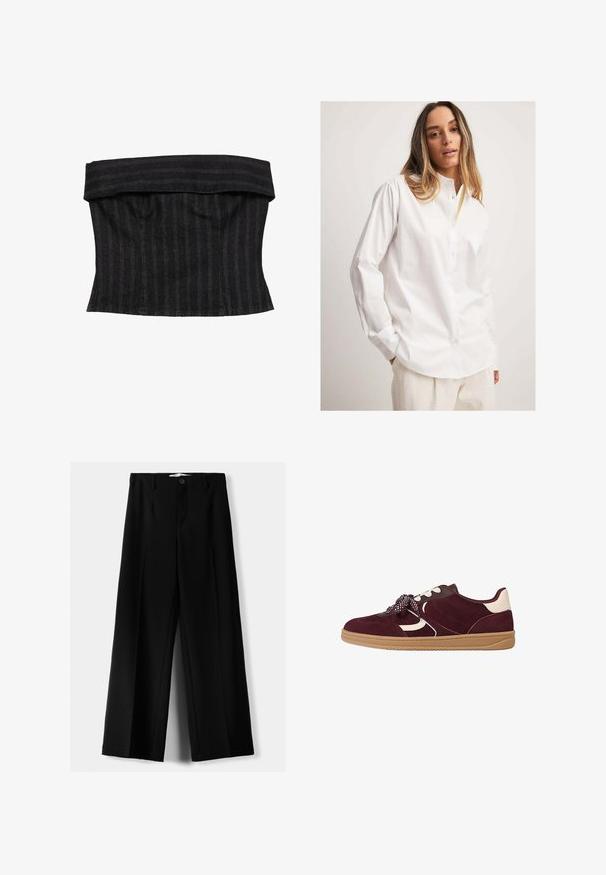 Czarny pasiaste gorset z usztywnionym krojem, złożonym dekoltem i gładką teksturą. Materiał wydaje się solidny i dopasowany.; Biała koszula zapinana na guziki, wykonana z gładkiego materiału, z kołnierzykiem, długimi rękawami i luźnym krojem, zestawiona z fakturowanymi, jasnymi spodniami.; Czarne spodnie szerokie, wykonane z lekkiego materiału, z zapięciem na guzik z przodu i gładkim przodem, z starannie wykończonymi brzegami.; Burgundowe zamszowe sneakersy z białymi akcentami, teksturowanym wykończeniem, grubą gumową podeszwą oraz wzorzystymi sznurowadłami zapewniającymi pewne dopasowanie.