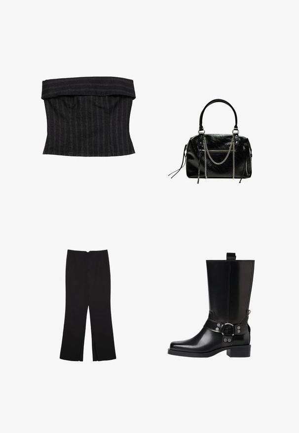 Top corsetto a righe nere con un design strutturato, caratterizzato da un collo piegato e una texture liscia. Il tessuto appare robusto e sartoriale.; Pantaloni neri a gamba dritta, con tasche frontali e spacchi laterali all'orlo. Realizzati in tessuto morbido e liscio. Adatti a diverse occasioni.; Stivale in pelle nera alto fino al ginocchio con punta affusolata, dettagli in argento e tacco largo. Presenta un inserto per facilitare l'indossamento.; Bershka WITH CHAIN - Borsa a mano - black
