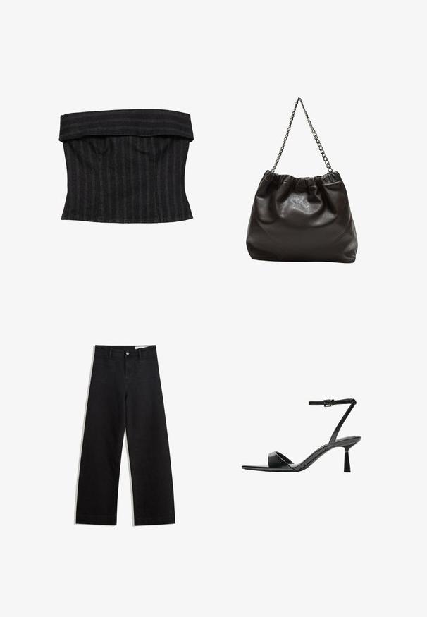 Zwart gestreepte korsettop met een gestructureerd ontwerp, featuring een gevouwen halslijn en een soepele textuur. De stof lijkt stevig en op maat gemaakt.; Zwarte denim broek met wijde pijpen en een hoge taille, voorzien van voor- en achterzakken, gestikte naden en een knoopsluiting. Gladde textuur.; Bershka Sandalen met hoge hak - black; Bruine leren tas met een geplooide bovenkant en een kettinghengsel. Glad textuur met een glanzende afwerking en subtiele naaddetails aan de zijkanten.