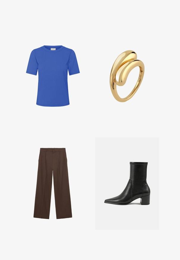 Kaffe SAMANTHA - Basic T-shirt - surf the web cc; Brown wide-leg trousers made of a smooth fabric, featuring a high waist, front pleats, and two side pockets.; Black ankle boot made of smooth leather, featuring a pointed toe, a block heel, and distinct raised stitching at the top edge.; Gold ring featuring a smooth, curved design that intertwines, showcasing a polished finish with no visible engravings or accents.