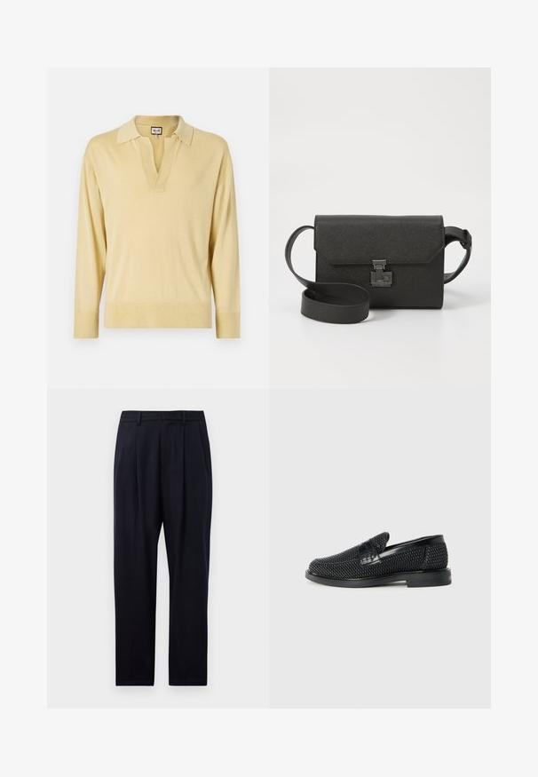 Langärmliger Poloshirt-Pullover in Hellgelb, mit V-Ausschnitt, kontrastierendem Kragen und gerippten Bündchen, aus einem weichen, glatten Material.; Hose in Marineblau mit geradem Schnitt, aus strukturiertem Stoff, zwei vorderen Falten, Gürtelschlaufen und einem Reißverschluss.; Schwarzer geflochtener Slipper mit einem glatten Lederakzent im Obermaterial, einem runden Zehendesign und einer flachen Gummisohle.; Schwarze Leder-Crossbody-Tasche mit strukturiertem Finish, Klappenverschluss, Metallbeschlägen und einem passenden verstellbaren Tragegurt.