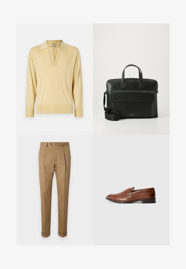 Pull polo à manches longues en jaune clair, avec un col en V, un col contrasté et des poignets côtelés, au toucher doux et lisse.; Pantalons habillés en kaki avec une coupe ajustée, comprenant des plis, une fermeture à bouton, des passants de ceinture et des ourlets roulés. Fabriqués en tissu lisse et durable.; Mocassins en cuir marron avec un bout rond, des coutures minimales et un petit talon carré. Présente une sangle décorative sur le devant.; Malette en cuir noir avec des poignées supérieures doubles, une poche avant et une bandoulière amovible, arborant un logo discret en bas.