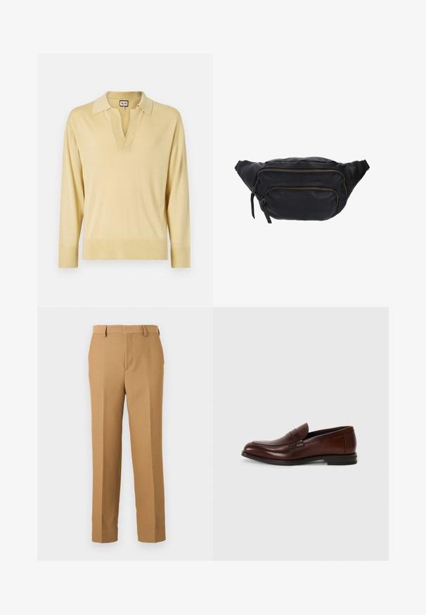 Pull polo à manches longues en jaune clair, avec un col en V, un col contrasté et des poignets côtelés, au toucher doux et lisse.; Pantalons dress beiges en tissu tissé, présentant une coupe droite, un devant plat et des passants de ceinture. Texture lisse sans motifs visibles.; Mocassins en cuir marron avec un bout rond, détail de bande à l'avant et un petit talon empilé. Texture lisse avec des accents décoratifs minimaux.; Sac banane en cuir noir avec deux zippers à l'avant, texture lisse, forme incurvée et bandoulière ajustable. Des accents en laiton subtils rehaussent le design.