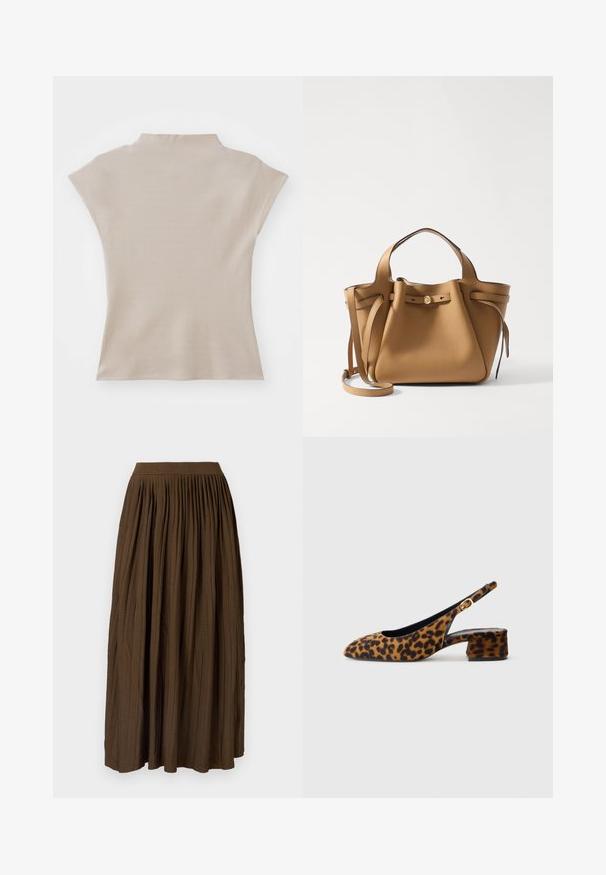 Beige, lyhythihainen paita, jossa on korkea kaulus ja tiukka siluetti. Sileä pinta, jossa on hieno kiilto. Ei näkyviä kuvioita tai varusteita.; Ruskea pleatattu maksi-hame, jossa on leveä elastinen vyötärö ja teksturoitu kangas, jossa on pystysuorat laskokset lisäyksiköitä ja liikkuvuutta varten.; Naisten leopardikuvioiset slingback-kengät matalalla paksupohjalla ja kultaisella soljella sivunauhoissa, esitetty sivuprofiilissa yksinkertaisella taustalla.; Tory Burch ROMY PEBBLED SATCHEL - Käsilaukku - tiramisu