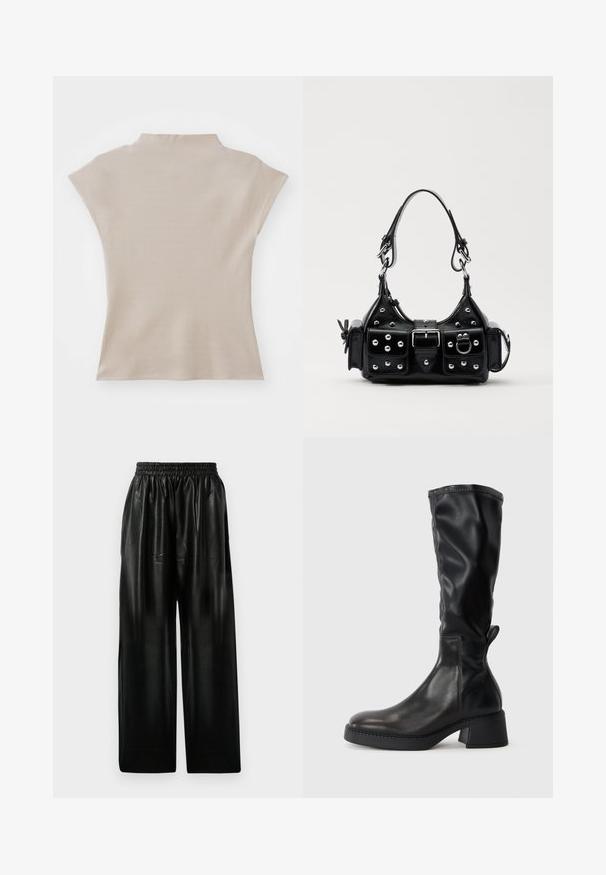 Beige, īsām piedurknēm topiņš ar augstu kakla izgriezumu un pieguļošu siluetu. Gluda tekstūra ar smalku spīdumu. Nav redzamu rakstu vai detaļu.; Melna ādas plata kāju bikses ar elastīgu jostu, ar divām sānu kabatām un gludu, spīdīgu tekstūru.; Melnas līdzceļa zābaki, izgatavoti no gludas ādas, ar blokveida papēdi, noapaļotu purngalu un šuvēm gar šuvēm.; Melnas ādas rokturmais ar izliekumu, ar sudraba iedurtiem, sprādzi un divām sānu kabatām. Regulējams siksniņas garums dažādām nēsāšanas iespējām.