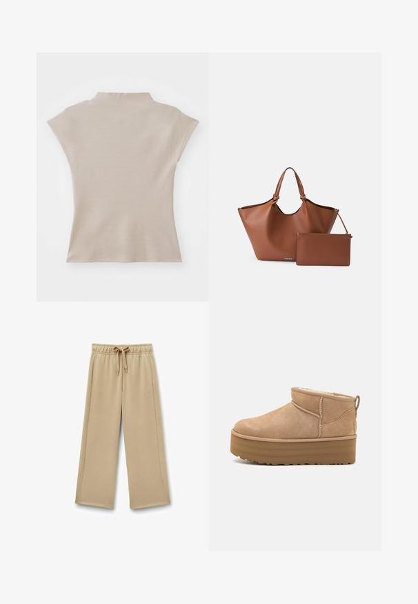 Beige, kortärmad topp med hög halsringning och en figurnära silhuett. Slät yta med en subtil lyster. Inga synliga mönster eller metalldetaljer.; Beiga vida sweatpants med elastisk midja, justerbar dragsko och sidofickor; mjukt tyg med en slät textur.; Beiga mockaskängor till anklarna med en mjuk inredning, med en plattformssula och en dragsko baktill för enkel påtagning. Mönstrad gummisula.; Brun läder tote-väska med en bred öppning, avsmalnande form och två handtag, tillsammans med en matchande dragkedjeficka.