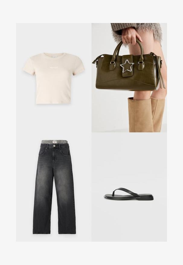 Beige cropped t-shirt van ribgebreid materiaal, met een ronde halslijn en korte mouwen. Bevat een klein contrasterend logo aan de voorkant.; Zwarte denim wijde jeans met een houndstooth patroon op de tailleband. Kenmerken zijn onder andere voorzakken en een knoopsluiting. Beschadigd textuur.; Zwarte teenflip-flop van glad leer, met een dunne band en een platte zool met een minimalistisch profiel. Geen opvallende patronen of accenten.; Olijf groen neplederen handtas met zilveren steraccent, dubbele handvatten en een ritssluiting. Gelaagd oppervlak en gestructureerde vorm.