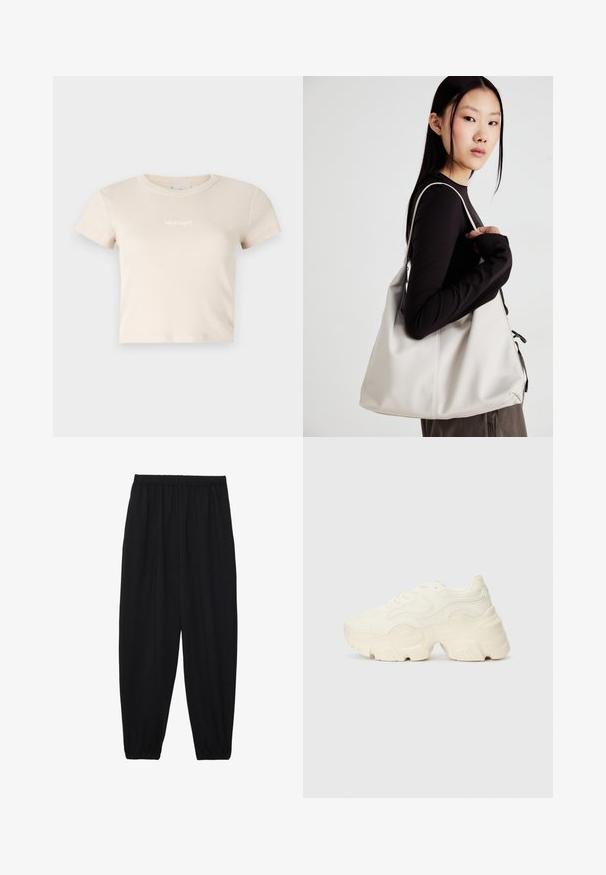 Bež krojena majica s kratkim rukavima izrađena od rebrastog materijala, s okruglim izrezom. Na prednjoj strani se nalazi mali kontrastni logo.; Crne, lagane hlače s elastičnom stražnjom pasicom i naboranim gležnjevima. Tkanina je glatka i ima opušteni, suženi dizajn.; Masivne bijele tenisice od teksturirane mreže i sintetičkih materijala, sa debelim potplatom i složenim uzorcima duž strana.; Bežna torba od mekog materijala s opuštenim dizajnom, šivanim detaljima i dva remena za rame. Pogodna za svakodnevnu upotrebu.