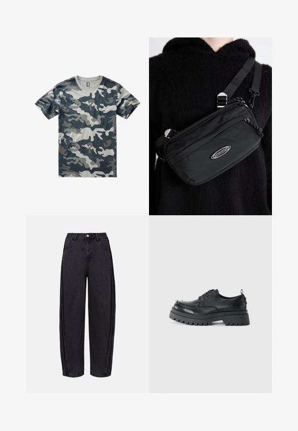 Kamufliažo marškinėliai, įvairių pilkos ir mėlynos atspalvių, pagaminti iš švelnaus audinio, su klasikiniais apykaklės ir trumpomis rankovėmis, turintys skysčią raštą.; Juodos plačios džinsinės kelnės iš lygios tekstūros džinsinio audinio. Turi aukštą liemenį, priekinės kišenes ir mygtuko uždarymą liemens srityje.; Juodas masyvus odinis batus su raišteliais, storu šiurkščiu padu ir metalinėmis akyčių skylutėmis prie pirštų, nufotografuotas prieš paprastą šviesų foną.; Juodas nailono per petį nešiojamas krepšys su reguliuojama juosta, turintis lygią tekstūrą, priekinį užtrauktuką ir logotipo akcentą.