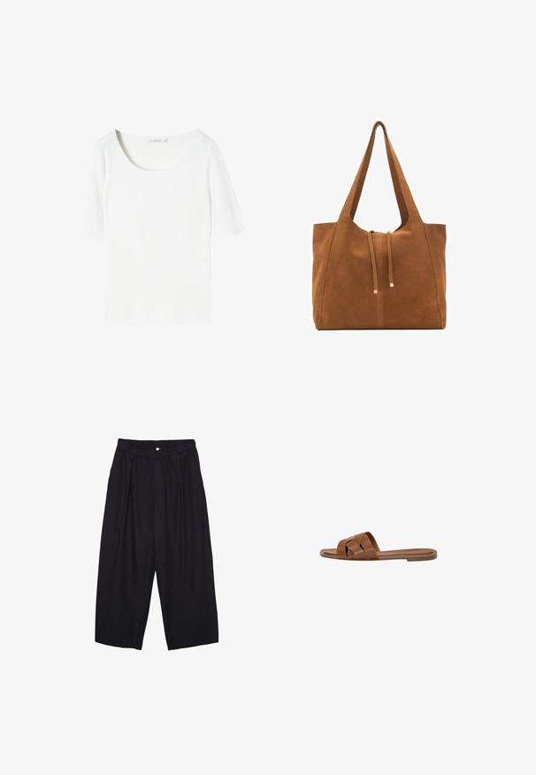 Biely rebrovaný top s krátkymi rukávmi a okrúhlym výstrihom, s hladkou textúrou, s etiketou na golieri s názvom značky a veľkosťou.; Čierne polyesterové culotte nohavice s elastickým pásom, dvoma prednými záhybmi a voľným strihom. Žiadne viditeľné vzory ani detaily z kovu.; Hnedé kožené šľapky s krížovými popruhmi, plochou podrážkou a hladkým povrchom. Jednoduchý dizajn bez ozdôb alebo vzorov.; Hnedá semišová taška cez rameno s dvoma dlhými popruhmi, sťahovacou šnúrkou a minimalistickým dizajnom. Hladký povrch a žiadne viditeľné kovové doplnky.
