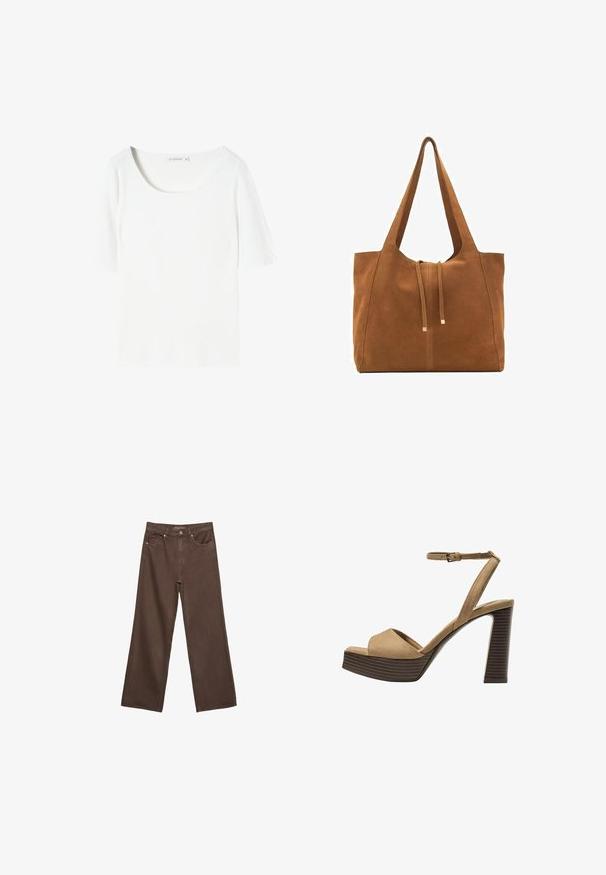 Hvid ribbet kortærmet top med rund halsudskæring og blød tekstur, med et mærke på kraven, der viser mærkenavnet og størrelsen.; Bredde ben brun denim jeans med høj talje, forlommer og klassisk knaplukning. Glat tekstur med diskret syninger.; Beige ruskinds højhælede sandaler med en bred foranrem og ankelrem, der har en kraftig træblokhæls struktur.; Brun ruskinds-tote med to lange stropper, snørelukning og minimalistisk design. Glat tekstur og ingen synlige hardware-detaljer.