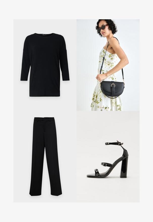 Fekete, hosszú ujjú felső, puha anyagból készült, kerek nyakkivágással, eső vállakkal és laza szabással, egyszínű dizájnnal.; Fekete, széles szárú nadrág sima anyagból, klasszikus derékrésszel, gombzárral és elülső redőkkel.; Fekete lakk magas sarkú szandál négyzet alakú orral, bokapántokkal és ezüst csatokat tartalmaz. Masszív blokk sarka a stabilitásért felel.; Fekete bőrtáska ívelt formával, levehető pánttal és arany színű fémrészekkel. A táskán egy csattal díszített fedél található.