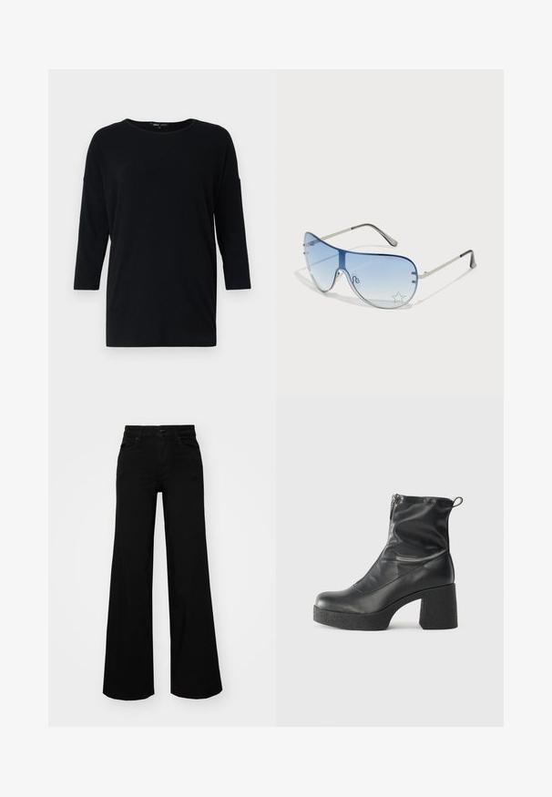 Fekete, hosszú ujjú felső, puha anyagból készült, kerek nyakkivágással, eső vállakkal és laza szabással, egyszínű dizájnnal.; Fekete, bő szárú farmernadrág, amelynek állítható derékrésze van, övhurkokkal és elülső zsebekkel. Simaság jellemzi, klasszikus dizájnnal.; Fekete bokacsizmák sima bőrből, oldalsó cipzárral, vastag, texturált sarkú és lekerekített orrú dizájnnal.; Pilóta napszemüveg, melynek áttetsző kék lencséje, ezüst fém kerete és díszes csillag díszítések találhatók a lencsén. Simogató és elegáns dizájn.