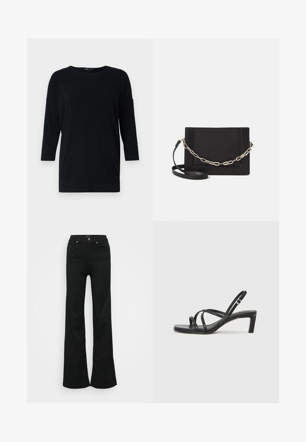 Crna majica dugih rukava napravljena od mekog materijala, s okruglim izrezom, spuštenim ramenskim šavovima i opuštenim krojem, bez uzorka.; Crne široke traperice od denima, s visokim strukom, pet džepova i metalnim zatvaračem. Glatka tekstura s minimalnim detaljima.; Crne sandale s trakama, kvadratnim prstom i niskom blok petom. Ima više tankih trakica i podesivu trakicu oko gležnja. Izrađene su od glatke kože.; Crna kožna torba preko tijela s glatkom teksturom, pravokutnim oblikom i metalnim lancem na prednjoj strani. Uključena je podesiva naramenica.