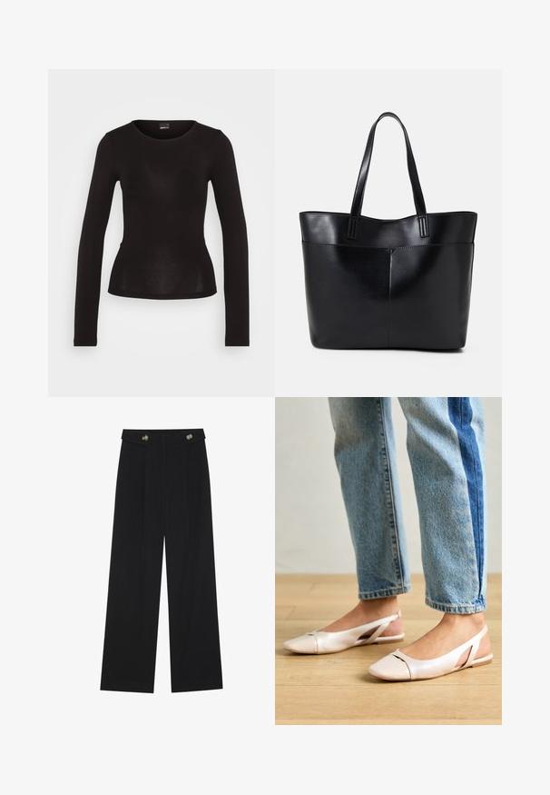 Camisa preta de manga longa feita de um material suave e ajustado. Apresenta um decote redondo e um design sem costuras nas bordas e punhos.; Calças largas pretas com cintura alta, detalhes em botão na cintura e pregas frontais.; Sapatilhas slingback de cor rosa pálido com bico fino, feitas de um material semelhante a couro liso. Apresentam detalhes recortados nas laterais e um salto plano.; Bolsa tote preta em couro com duas alças longas, textura suave e forma estruturada. Apresenta um bolso frontal para armazenamento adicional.