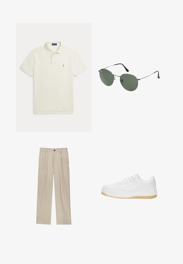 Polo à manches courtes en coton blanc cassé, avec un col classique, une patte de boutonnage à deux boutons et un petit logo brodé sur la poitrine.; Pantalon beige à coupe droite, doté d'un seul bouton noir, de passants de ceinture et de poches latérales. Texture de tissu lisse et design minimaliste.; Baskets blanches en cuir avec une finition texturée, dotées d'une semelle en caoutchouc, d'un design à lacets et de accents de rayures subtils sur les côtés.; Lunettes de soleil en métal avec des verres ovales verts. Monture en métal argenté mince et embouts d'oreille noirs. Design minimaliste, sans logos visibles.