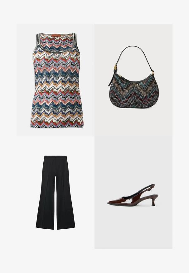 Hihaton neulepaita, jossa on monivärinen sahalaitakuosi punaisena, sinisenä, mustana, valkoisena ja kultaisena. Mallissa on pyöreä pääntie ja Missoni-tunnus.; Mustat leveälahkeiset housut, joissa on sileä pinta, etupuolella laskokset ja muotolaskettu malli. Kangas on kevyttä ja laskeutuvaa.; Ruske patentin nahkalijatke sa špicastim nosom i umjerenom petom. Sadrže remen s kopčom za sigurno pristajanje. Glatka tekstura.; Mustapran handbag, jossa on kaareva muotoilu, ja jossa on monivärinen chevron-kuvio sekä metallilankaa. Siinä on nahkahihna ja kultaiset varusteakset.