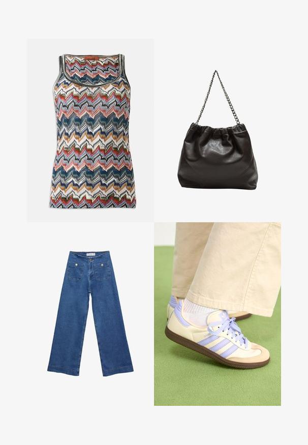 Ärmlös stickad topp med flerfärgad zigzagmönster i röd, blå, svart, vit och guldtoner, med rundad halsringning och Missoni-märke.; Jeans med vida ben i denim med en mellanblå tvätt, två framfickor med knäppningar och sydda detaljer längs fållarna.; Krämfärgade och lavendelfärgade sneakers med tre ränder och en texturerad brun sula, med snören och en vadderad häl. Mjuk tygobero.; Brun läderväska med rynkad topp och kedjesnodd. Slät textur med en blankslipad yta och subtila sömdetaljer på sidorna.