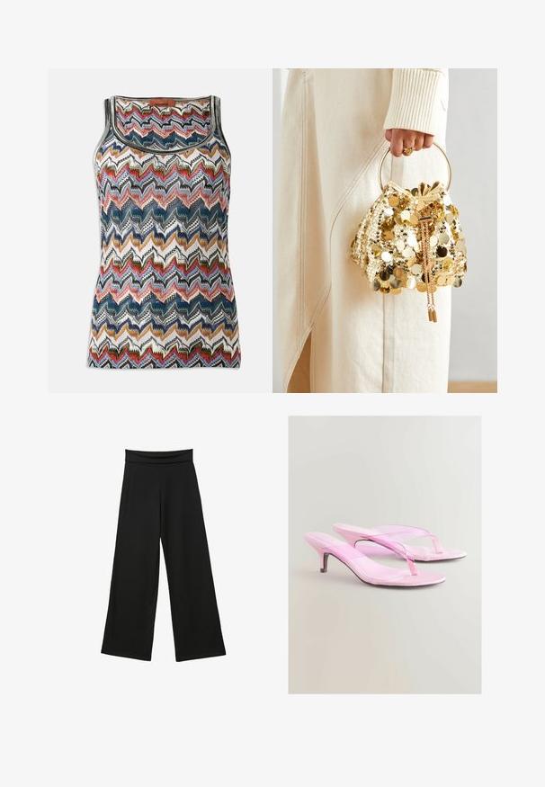 Kratka pletena majica bez rukava s višebojnim cik-cak uzorkom u crvenoj, plavoj, crnoj, bijeloj i zlatnoj boji, sa okruglim izrezom i Missoni etiketom.; Crne široke hlače izrađene od mekog materijala, s visokim, rastezljivim pojasom, punim nogavicama i bez vidljivih uzoraka ili akcenata.; Ružičaste sandale na petu s sjajnom završnom obradom, s dizajnom remenčića između prstiju i tankim metalnim potpeticama. Glatka tekstura i minimalistički stil.; Zlatna torba na šnalu sa šljokicama i kružnom drškom, koja sadrži sjajne okrugle šljokice i teksturiranu tkaninu. Dimenzije nisu navedene.