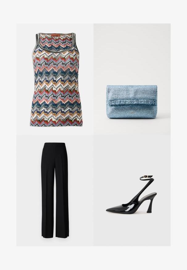 Bezrukávový pletený top s multikolórovým cik-cak vzorom v červených, modrých, čiernych, bielych a zlatých odtieňoch, s výstrihom do oblúka a štítkom Missoni.; Čierne široké nohavice s hladkým povrchom, s vysokým pásom a stredovými skladmi. Žiadne viditeľné vzory ani hardvérové detaily.; Čierne lakované kožené lodičky na podpätku s špicatou špičkou, nastaviteľným popruhom okolo členka a stredne vysokým blokovým podpätkom. Hladký povrch s lesklým finišom.; Svetlomodrá tkaná kabelka na zápästie s textúrovaným povrchom a detailom strapcov na prednej strane. Má elegantný obdĺžnikový tvar a jemné logo.