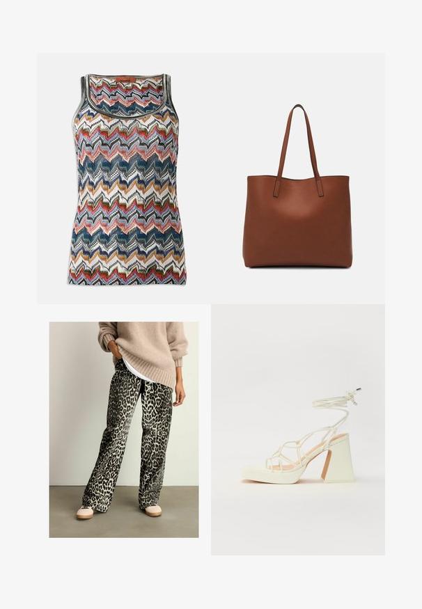 Top din tricot fără mâneci, cu un model zigzag multicolor în nuanțe de roșu, albastru, negru, alb și auriu, având un decolteu oval și eticheta Missoni.; Pantaloni largi din țesătură moale cu imprimeu leopard, având talie elastică și o paletă de culori neagră și bej. Asortați cu un pulover bej.; Sandale albe cu toc înalt și gros, cu un design cu curele și legătură la gleznă. Textură netedă, cu o platformă frontală pentru înălțime suplimentară.; Geantă de umăr din piele maro cu o textură netedă, design cu vârf deschis și două curele pentru umăr. Prezintă cusături minime și fără componente metalice vizibile.