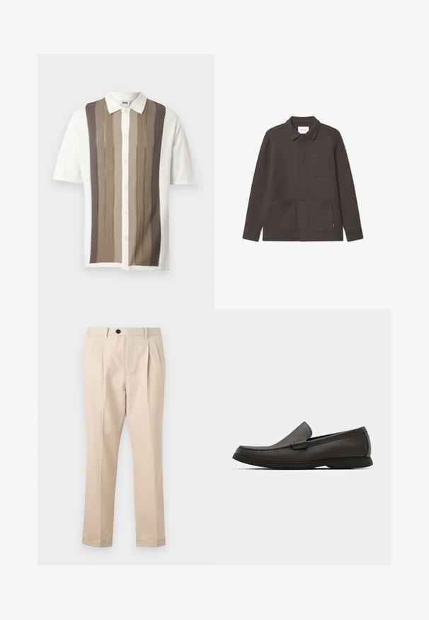 Chemise à col à manches courtes avec des rayures verticales en beige, marron et crème ; fermeture à boutons ; tissu tricoté avec un motif texturé.; Veste en mélange de laine marron à boutons avec col, comportant une poche à l'avant et deux plus grandes poches avant. Texture lisse et design classique.; Pantalons plissés beiges en tissu lisse, avec une fermeture éclair et un bouton, jambes droites et ourlets repliés.; Mocassins en cuir marron foncé avec un bout arrondi, des détails de couture discrets et une semelle en caoutchouc basse. Texture lisse avec un ajustement flexible.