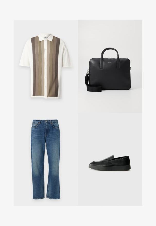 Kortermet skjorte med krage og vertikale striper i beige, brunt og krem; knappelukking; strikket stoff med strukturmønster.; Blå denimjeans med rett snitt, med et klassisk femlommers design, falmet tekstur og kobbernitter.; Calvin Klein HYBRID CUP - Slippers - triple black; Svart lær arbeidsveske med strukturert overflate, doble håndtak, avtakbar skulderrem, og frontlogo. Glidelås-lukking.