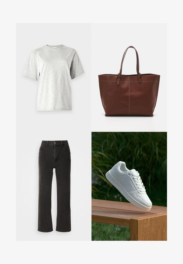 Gray short-sleeve t-shirt made from soft, lightweight fabric. Features a round neckline and subtle branding at the chest. Casual fit.; Black wide-leg jeans made of denim, featuring a front button closure, belt loops, and five pockets with a slightly faded texture.; White sneaker with a smooth synthetic upper, perforated toe box, flat laces, and a textured sole, displayed on a wooden surface.; Brown leather tote bag with double handles, features contrast stitching and a spacious design, suitable for everyday use.