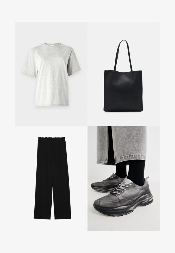 T-shirt cinza de mangas curtas feito de um tecido suave e leve. Apresenta um decote redondo e uma marcação subtil no peito. Corte casual.; Calças largas pretas com um cinto franzido, apresentando dois bolsos laterais e um tecido suave e leve. Sem padrões ou ferragens visíveis.; Sapatilhas atléticas pretas e cinzentas apresentam um upper em malha, solas espessas e atacadores. Têm um bico arredondado e detalhes de amortecimento visíveis.; Bolsa tote preta em couro com textura lisa, forma retangular e duas alças longas. Sem hardware ou enfeites visíveis.