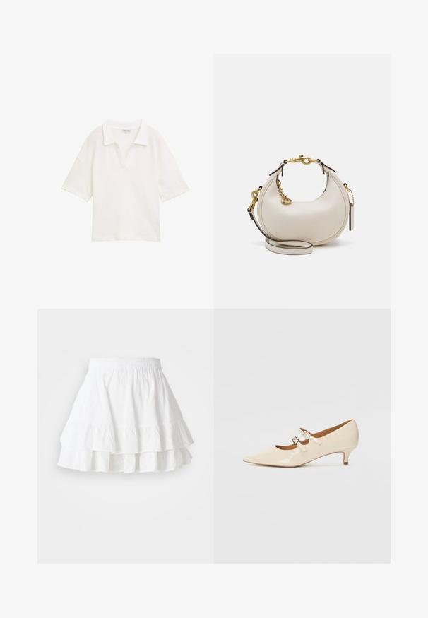 Fehér pólóing, textúrált anyagból, gallérral és rövid ujjakkal, laza szabású, látható minták vagy díszítések nélkül.; Fehér, többrétegű szoknya könnyű anyagból, lyukacsos mintázattal és fodros szegéllyel. Rugalmas derékpánttal a kényelem érdekében.; Beige lakkbőr Mary Jane cipők két állítható csattal, hegyes orral és alacsony sarkal. Simás textúrájú, fényes felülettel.; Krém bőr kézitáska hónalj formájú, arany hardware-rel, fekete kiegészítőkkel és levehető pánttal. Lánc részlet és címke jellemzi.; Aranyszínű fülbevaló szett, amely három pár fülbevalót tartalmaz: textúrált ovális stúdiókat, hullámos dizájnnal készült stúdiókat, és nagy, rétegezett bordázatú karikafülbevalókat.