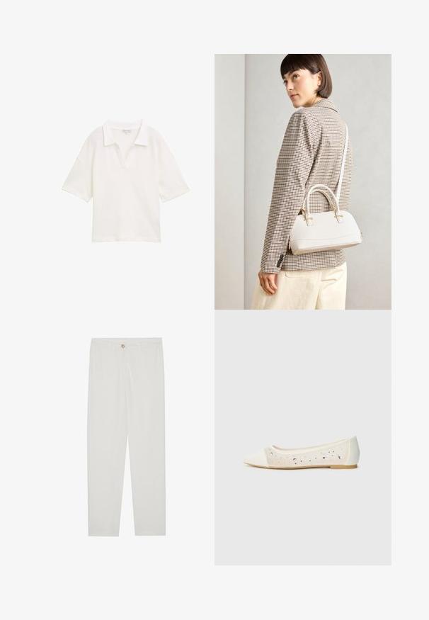 Polo blanco hecho de tela texturizada, con cuello y mangas cortas, con un ajuste relajado y sin patrones ni acentos visibles.; Pantalones blancos, ajustados, con un diseño de pierna recta, que cuentan con un cierre de botón, lazos para cinturón y bolsillos laterales; textura de tela suave.; Bailarinas de punta afilada en cuero crema con parte superior transparente adornada con cristales. Suela suave para mayor comodidad, diseño minimalista.; Bolso estructurado blanco con asas cortas y una correa para el hombro, que presenta detalles en dorado y material texturizado, exhibido sobre un fondo gris.