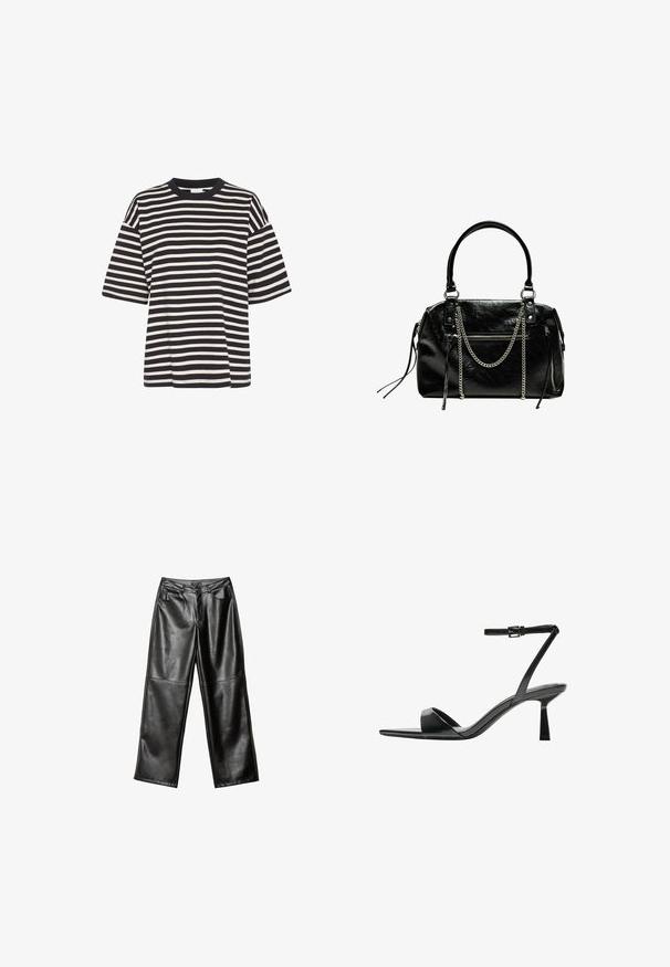 T-shirt a righe in navy e crema, con scollo rotondo, maniche corte, forma ampia e texture in cotone morbido.; Pantaloni ampi in pelle nera con una superficie liscia, design a cinque tasche e dettagli cuciti lungo le gambe e la vita.; Bershka Sandali con tacco - black; Bershka WITH CHAIN - Borsa a mano - black