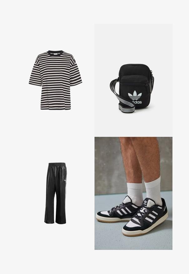 Striped t-shirt in navy and cream, featuring a round neckline, short sleeves, boxy shape, and soft cotton texture.; Black synthetic track pants with an elastic waistband, featuring white side stripes and a small white logo on the left hip.; Black and white sneakers with a suede and leather upper, featuring three white stripes, a perforated toe, and a gum rubber sole.; Black fabric crossbody bag with a zipper closure, featuring a white Adidas logo and a striped adjustable strap for easy carrying.