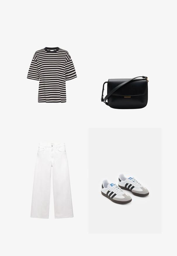 Stribet t-shirt i marineblå og creme, med rund halsudskæring, korte ærmer, firkantet form og blød bomuldsstruktur.; Hvide bredde bukser lavet af bomuld, med høj talje, fem-lomme design og messingdetaljer. Glat, ikke-slidt tekstur.; Sportsko med en overdel i hvid læder, grå ruskind på tåen og tre sorte striber. Har et blåt logo på tungen og en struktureret gummisål.; Sort læder crossbody taske med klaplukning og justerbar skulderrem, med en lille rektangulær guldaccent.