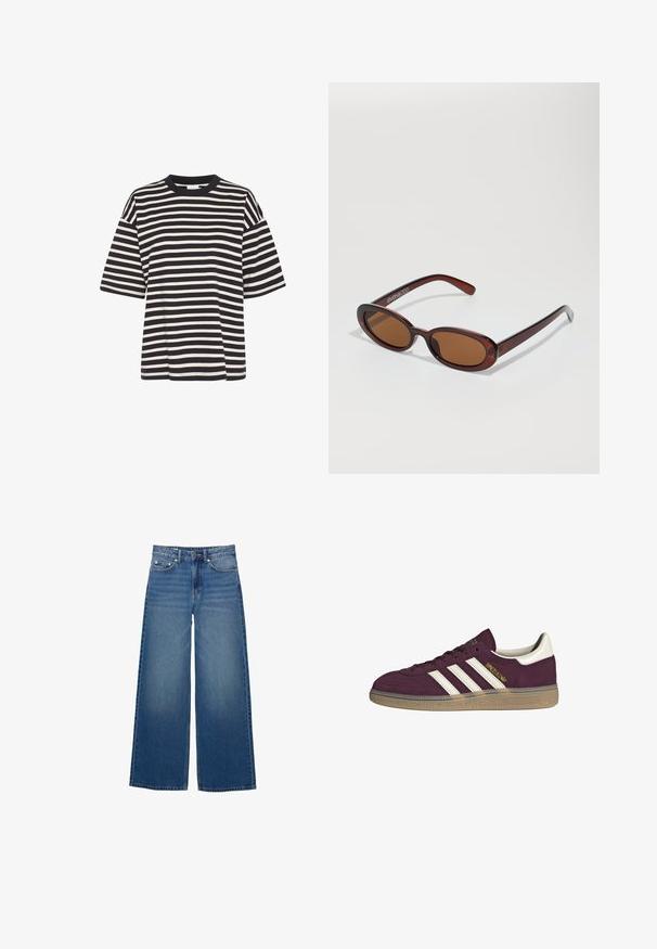 Tricou rayé în nuanțe de bleumarin și crem, cu guler rotund, mâneci scurte, formă pătrată și textură moale din bumbac.; Blugi evazati, de culoare albastră, fabricați din denim, cu talie înaltă, detalii cusute și un design simplu cu un ușor efect de decolorare.; Adidași din suede bordeaux cu trei dungi albe și accente bej. Prezintă o talpă din cauciuc texturată și un branding de aur pe lateral.; Ochelari de soare rotunzi, cu nuanțe de brown și cu un cadru lucios de burgund. Brațe subțiri cu detalii subtile de branding. Design cu lentile plate.; Geantă din piele împletită, de culoare maro, cu o formă triangulară, lejeră. Are un mâner împletit și închidere cu fermoar pe partea superioară.