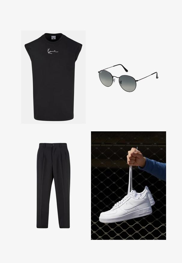 Juoda be rankovių marškinėlių avalynė, pagaminta iš medvilnės, su apvaliu iškirpimu ir baltu logotipu priekyje. Lygus paviršius, laisvas fasonas.; Juodi kelnių su raukšlėtu priekiu dizainu, pagaminti iš lygaus audinio. Su mygtuko užsegimu ir diržo kilpomis; tiesios kojų formos.; Balti odiniai sportiniai bateliai su perforacijomis, apvalia nosimi, plokščiu padu ir storomis raištelėmis, su matomu swoosh logotipu ir "AIR" ant kulno.; Juodos metalinės saulės akinių suapvalintais gradientiniais stiklais, su plonais šventyklomis ir skaidriais nosies pagalvėlėmis, užtikrinančiomis patogų prigludimą.