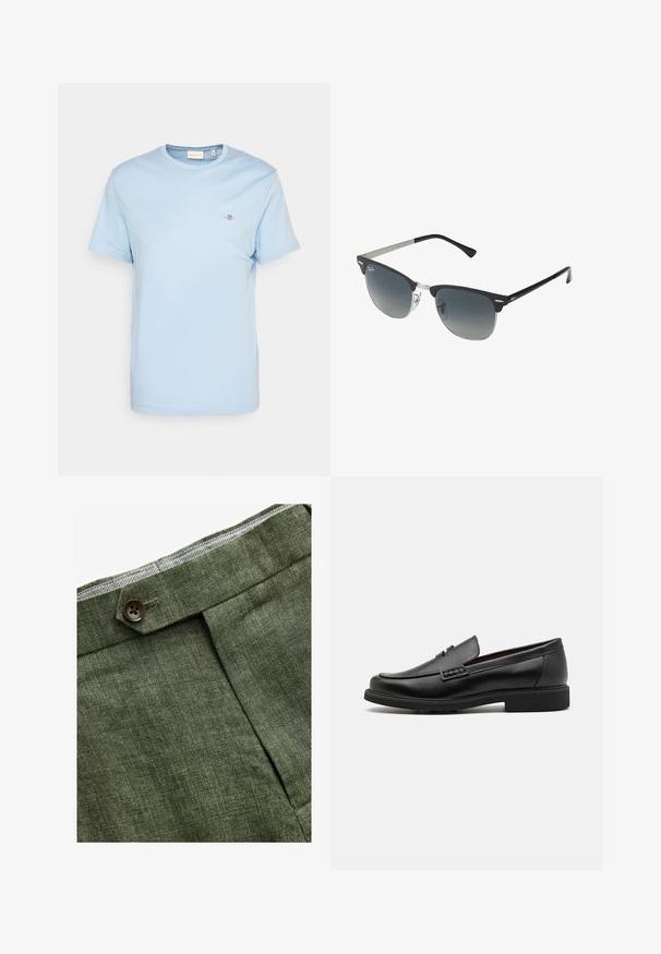 Šviesiai mėlynas medvilninis marškinėliai su apykakle, trumpomis rankovėmis ir mažuoju siuvinėtus logotipu ant krūtinės. Lygus paviršius, standartinio kirpimo.; Tamsiai žali lino kelnių su priekinėmis raukšlėmis, kurie turi mygtuko užsegimą ir kontrastingą languotą pamušalą juosmens srityje.; Juodi sintetiniai loafers tipo batai su išryškintu siuvinėjimu priekyje, paminkštinta pado dalimi ir plokščiu guma padu; elegantiškas dizainas su minimaliu dekoravimu.; Juoda ir sidabrinė akiniai nuo saulės su katės akies forma, gradientinės lęšiai ir metalinės detalės ant rėmo. Plastikiniai šonai su pilkais galiukais.