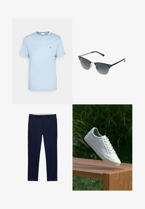 Camiseta de algodón azul claro con cuello redondo, mangas cortas y un pequeño logotipo bordado en el pecho. Textura suave, ajuste estándar.; Pantalones azul marino de corte slim con patrón de rayas. Con cremallera, presillas para cinturón y bolsillos frontales. Textura de tela suave.; Zapatilla blanca con cordones flotando sobre un banco de madera con follaje verde al fondo, mostrando el diseño y la textura del zapato.; Gafas de sol negras y plateadas con forma de ojo de gato, lentes degradados y acentos metálicos en la montura. Patillas de plástico con puntas grises.