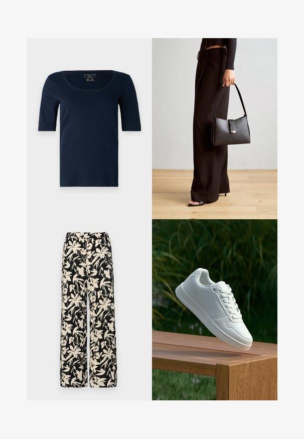Námorně modré tričko vyrobené z měkké bavlny, s kulatým výstřihem a krátkými rukávy. Má slim fit střih a jednobarevný design bez vzorů.; Černé kalhoty s širokými nohavicemi a krémovým květinovým vzorem. Vyrobené z lehké tkaniny, s hladkým povrchem a vysokým pasem.; Bílé tenisky s hladkým syntetickým svrškem, perforovanou špičkou, plochými tkaničkami a texturovanou podrážkou, vystavené na dřevěném povrchu.; Černá kabelka se strukturovaným tvarem, hladkým povrchem a kovovým uzávěrem. Kombinována s širokými černými kalhotami a sandály s otevřenou špičkou na dřevěné podlaze.