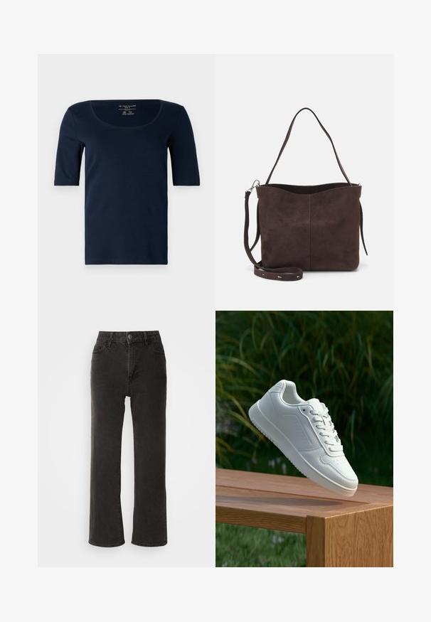 Navy blue T-shirt made of soft cotton, with a round neckline and short sleeves. Features a slim fit and plain design with no patterns.; Black wide-leg jeans made of denim, featuring a front button closure, belt loops, and five pockets with a slightly faded texture.; White sneaker with a smooth synthetic upper, perforated toe box, flat laces, and a textured sole, displayed on a wooden surface.; Brown suede tote bag with a soft texture, featuring a single shoulder strap and a subtle curved top opening. No visible hardware details.