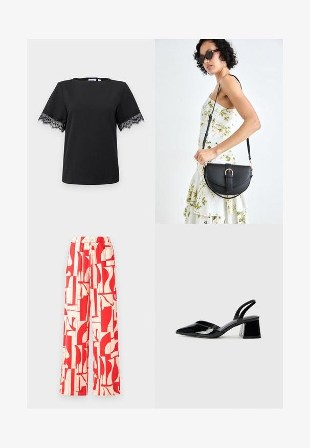 Fekete póló rövid ujjakkal, finom fekete csipke díszítéssel a mandzsettákon. Sima textúra, kerek nyak, és laza kialakítás.; Piros mintás, bő szárú nadrág, rugalmas derékrésszel, könnyű anyagból készült, absztrakt formákkal piros és krémszínben.; Fekete lakk bőr szandálkés magas sarkú cipő, hegyes orral és geometrikus tömbsarkakkal. Karcsú, minimalista dizájn és sima textúra jellemzi.; Fekete bőrtáska ívelt formával, levehető pánttal és arany színű fémrészekkel. A táskán egy csattal díszített fedél található.