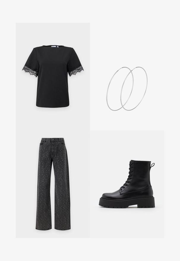 Čierne tričko s krátkymi rukávmi, ktoré má jemné čierne čipkové akcenty na manžetách. Hladká textúra, okrúhly výstrih a ležérny dizajn.; Noisy May NMJANNEL LOOSE - Džínsy voľného strihu - black denim; Čierne kožené členkové topánky s okrúhlou špičkou, šnurovaním vpredu a hrubou gumovou podrážkou s textúrovaným vzorom. Sťahovací pútko na zadnej strane.; Strieborné kruhové náušnice s minimalistickým dizajnom. Cirkulárny tvar, hladký povrch a tenký profil. Ľahké s lesklým povrchom.