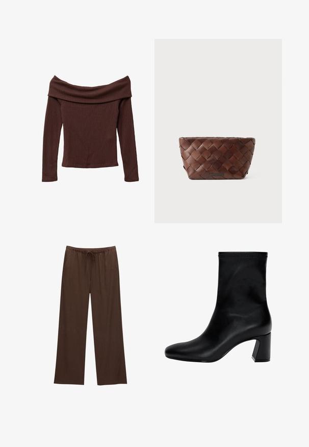 Top z długim rękawem, na jedno ramię, w ciemnym brązowym prążkowanym materiale. Posiada szeroki dekolt i dopasowany krój. Teksturowany, miękki materiał.; Brązowe spodnie szerokie wykonane z miękkiego materiału, z elastycznym paskiem w talii i sznurkiem, oraz dwiema bocznymi kieszeniami.; Czarny botek na kostkę wykonany z gładkiej skóry. Posiada kwadratowy czubek, elastyczny górny brzeg oraz masywny obcas zapewniający stabilność. Minimalistyczny design.; Brązowa, pleciona skórzana kopertówka o kształcie trapezu z małą plakietką marki na przednim środku.