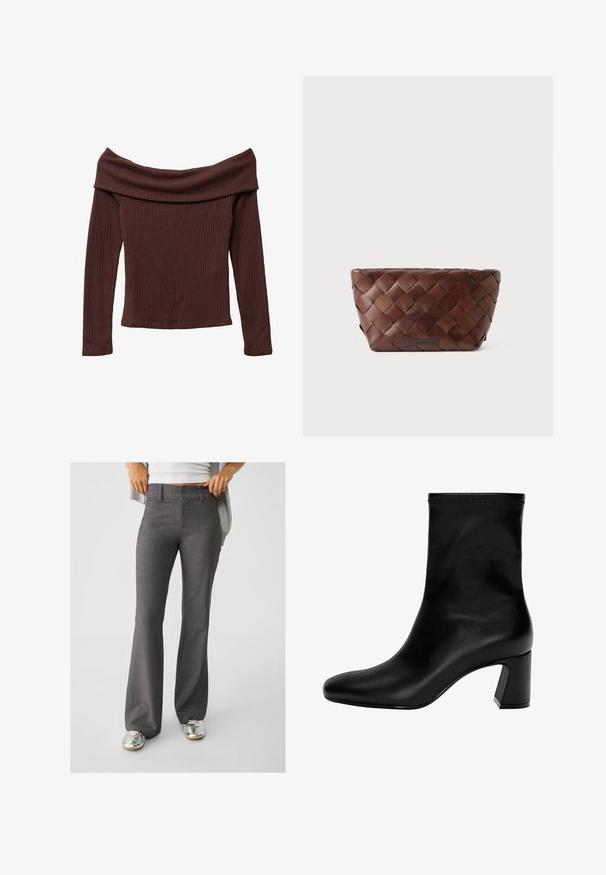 Top a spalle scoperte e maniche lunghe in morbido tessuto marrone scuro a costine. Presenta un ampio scollo e una silhouette aderente. Materiale testurizzato e morbido.; Pantaloni grigi a zampa d'elefante realizzati in tessuto testurizzato, con chiusura a due bottoni e passanti per la cintura, abbinati a sneakers argentate lucide.; Stivaletto nero fino alla caviglia in pelle liscia. Presenta una punta quadrata, un bordo elastico e un tacco robusto per la stabilità. Design minimalista.; Borsa clutch in pelle intrecciata marrone con forma trapezoidale e una piccola placca del marchio al centro anteriore.