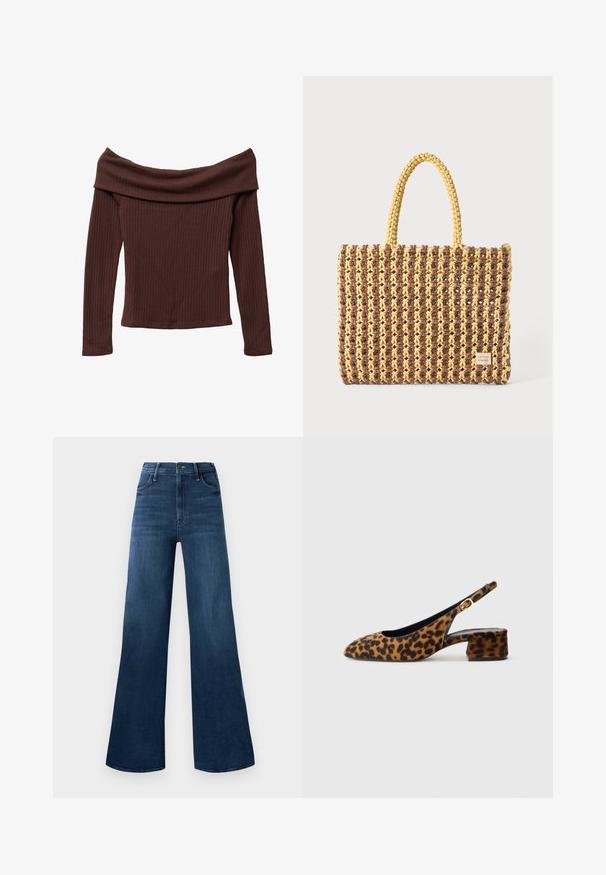 Haut à manches longues, décolleté off-shoulder en tissu côtelé marron foncé. Présente un col large et une silhouette ajustée. Matériau texturé et doux.; Jeans en denim bleu foncé taille haute avec jambes larges, poches avant, passants de ceinture et fermeture à bouton.; Chaussure slingback pour femmes en imprimé léopard avec talon bas et boucle dorée sur la bride latérale, présentée en profil latéral sur fond uni.; Sac tissé marron et jaune, de forme rectangulaire, avec deux poignées, et une finition texturée avec des coutures visibles et une étiquette de marque.