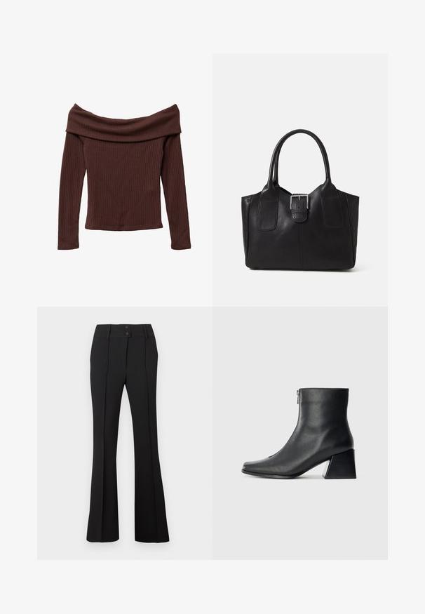 Off-shoulder, langærmet bluse i mørkebrun ribbet stof. Har en bred halsudskæring og tætsiddende silhouette. Tekstureret, blødt materiale.; Sorte flagrende bukser med to frontknapper, fremstillet i et glat, tekstureret stof og med lodrette sømme for et skræddersyet udseende.; Sort læderankelstøvle med firkantet tå, lynlås på siden og blokhæl mod en ensfarvet lys baggrund.; Sort læder tote taske med glat tekstur, struktureret form, to håndtag og en fremtrædende sølvspænde detalje på forsiden.