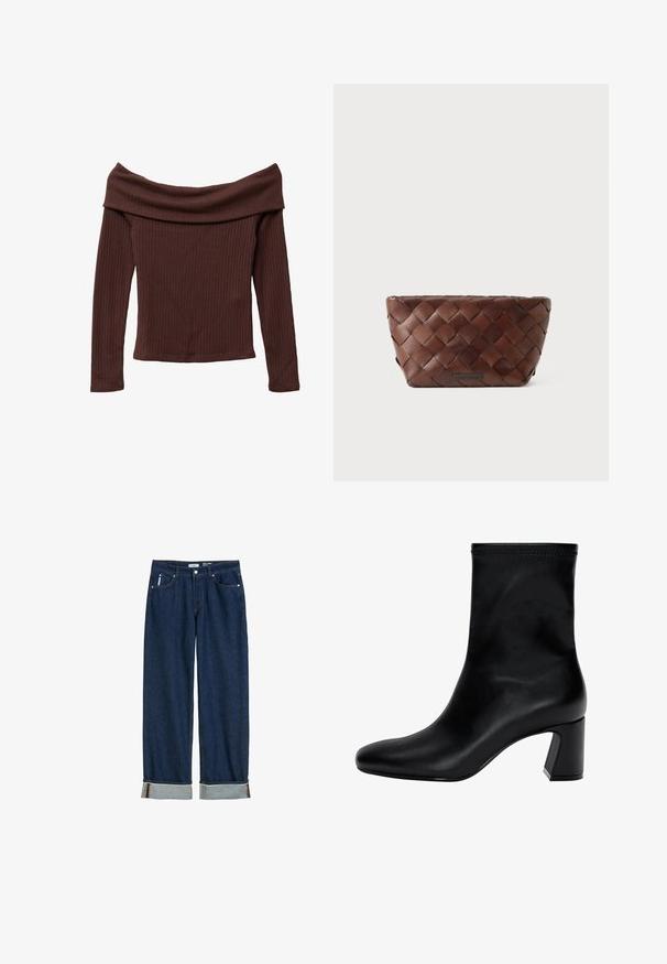 Olkapäältä avattava, pitkähihainen toppi tummanruskeasta ribbikankaasta. Ominaisuuksiin kuuluvat leveä kaula-aukko ja vartalonmyötäinen siluetti. Teksturoitu, pehmeä materiaali.; Tummansininen farkut, suoranlahkeinen malli, käännetyt lahkeet, näkyvät saumat ja klassinen viiden taskun tyyli.; Musta nilkkuri, joka on valmistettu sileästä nahasta. Varustettu neliömäisellä kärjellä, joustavalla yläpäällä ja paksulla korolla vakauden vuoksi. Minimalistinen muotoilu.; Ruskea kudottu nahkalaukku, jonka muoto on trapezoidi ja etuosassa on pieni brändilogo.